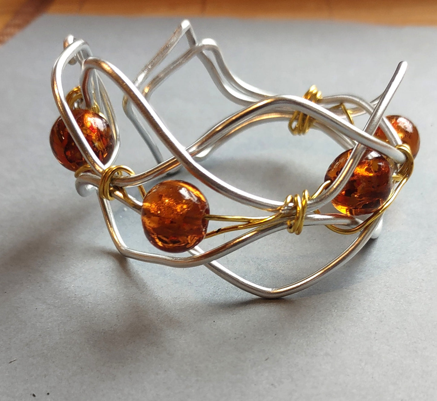 Silver Anodized Aluminum Diamond Zigzag Cuff Bracelet with Amber Beads