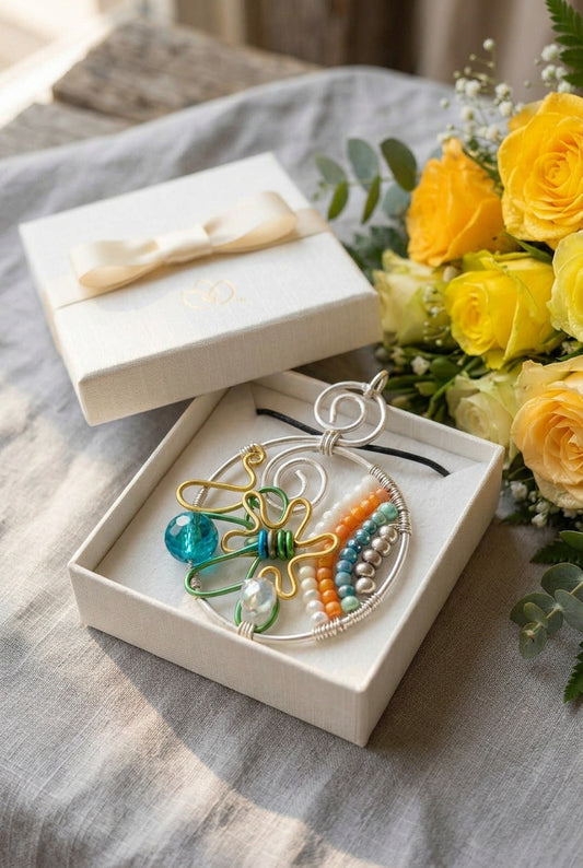 Colorful wire wrapped Art Pendant, Unique one of a kind design!