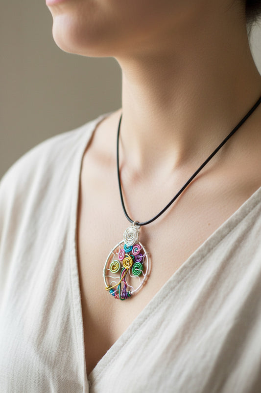 Aluminum frame with colorful rainbow wire tree of life pendant