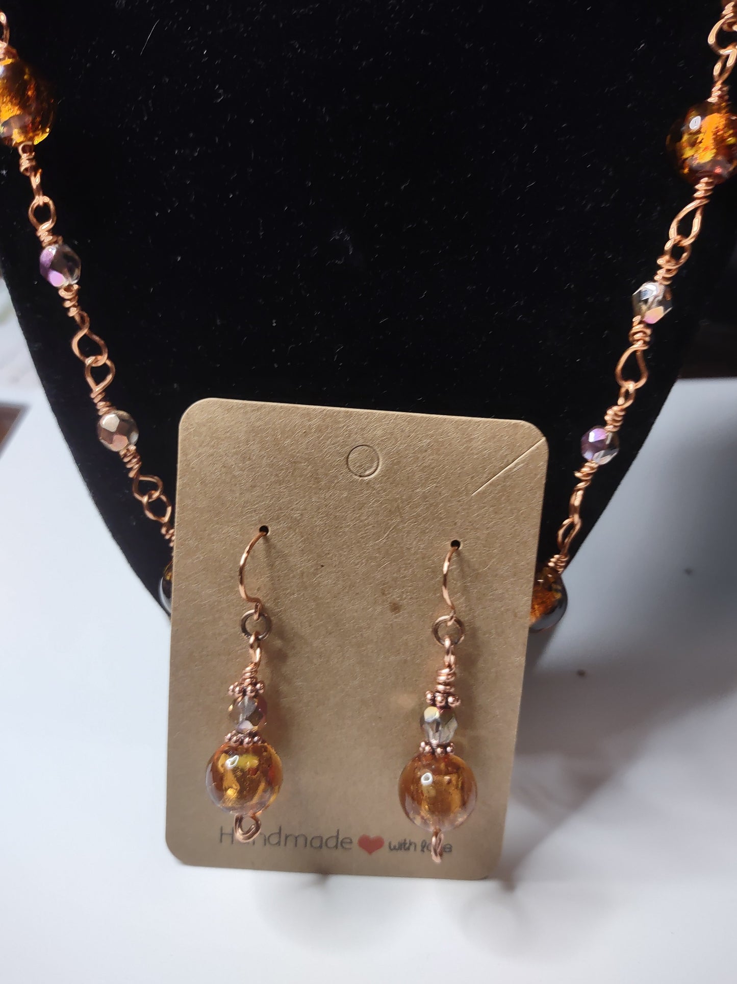 Handmade Beaded Chain-Link Necklace with Amber beads