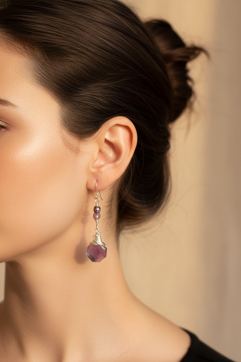 A pair of amethysts briolette earrings with rainbow fluorite beads -Sterling silver