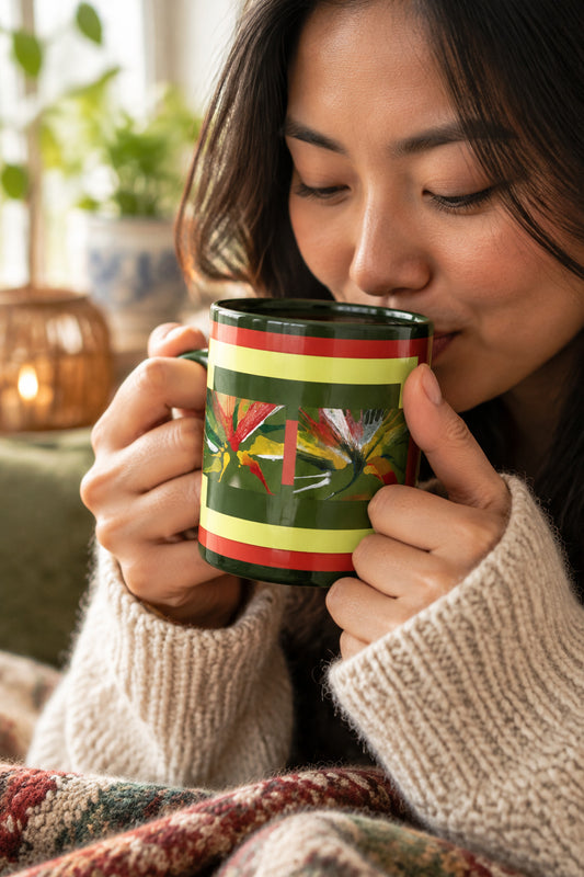 Black ceramic mug with Green Asian inspired art.