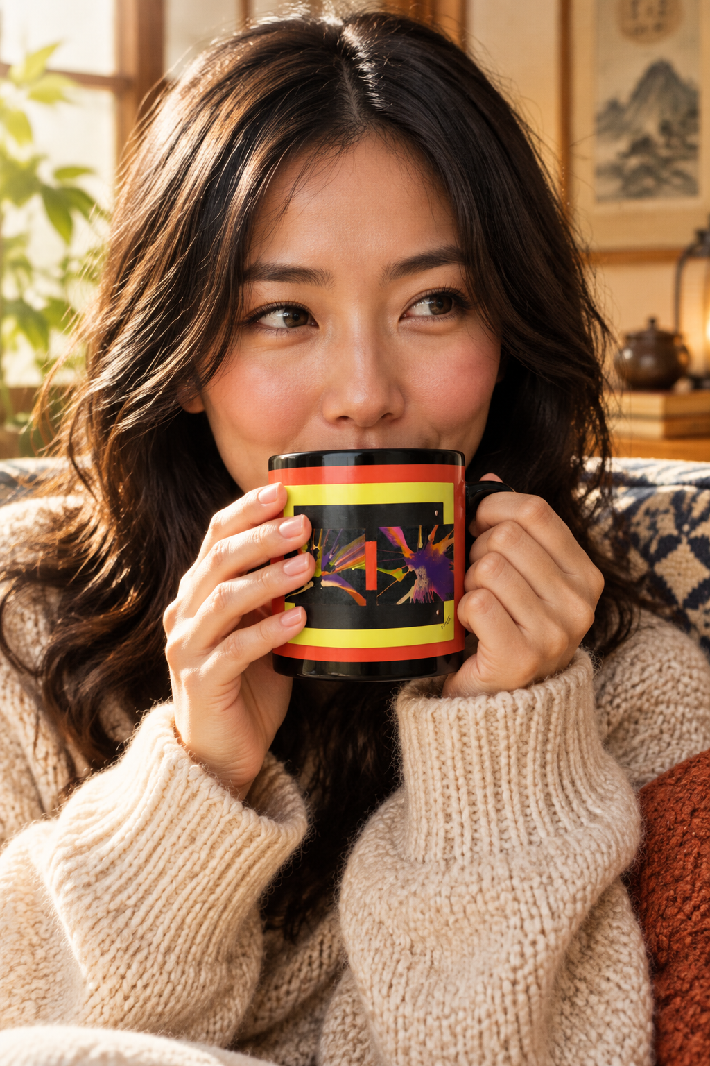 Asian inspired art work on a black ceramic mug