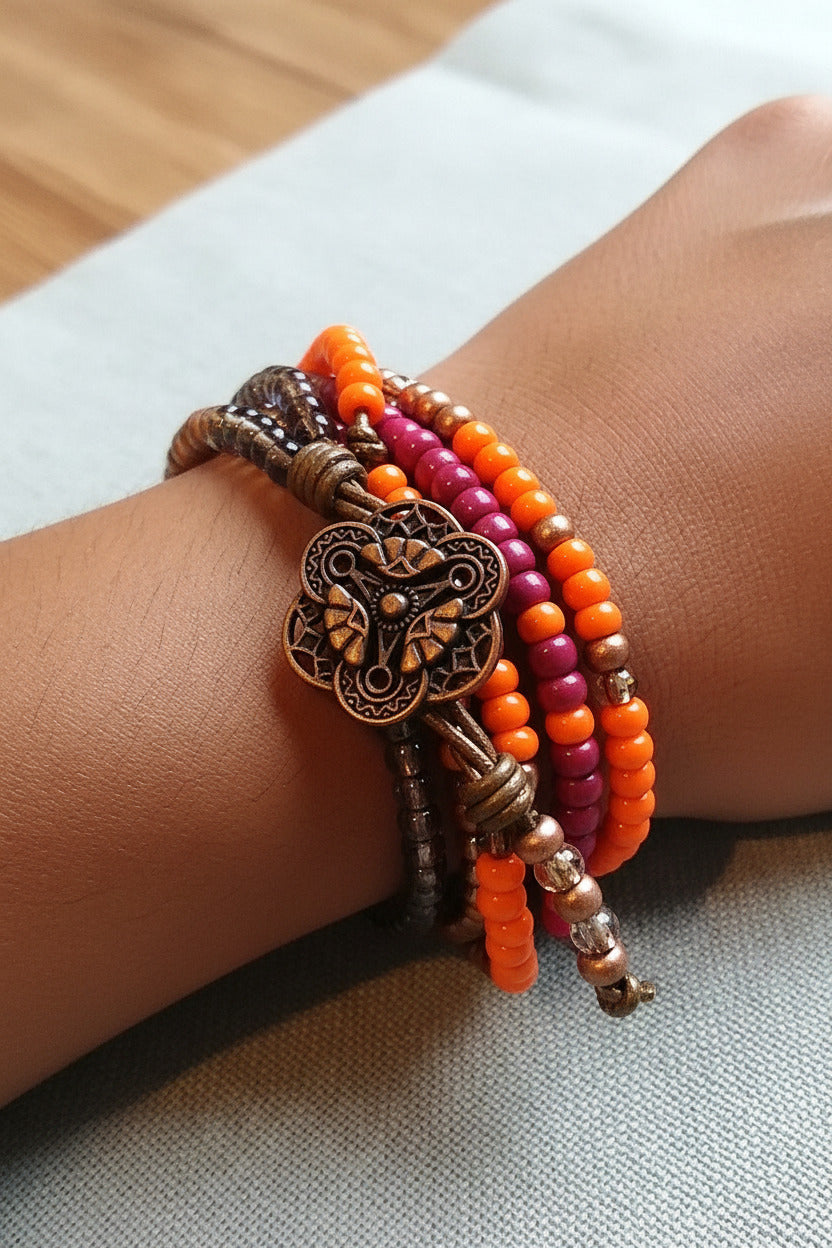 Multi color 4 strand beaded bracelet - on leather cord with button closure