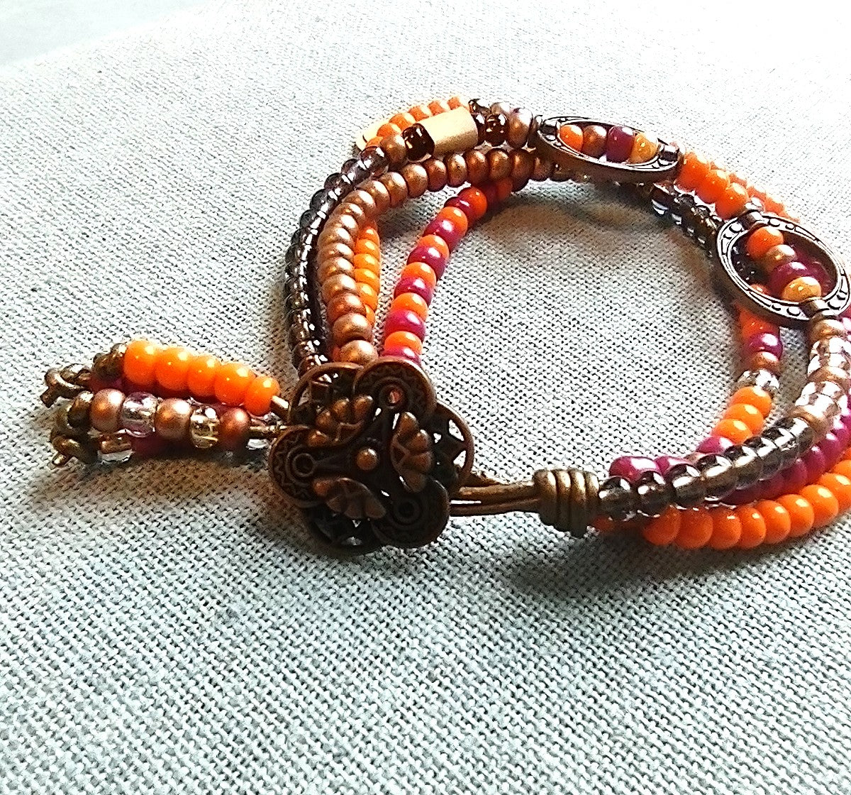 4 Strand Czech Bead Bracelet on Leather Cord