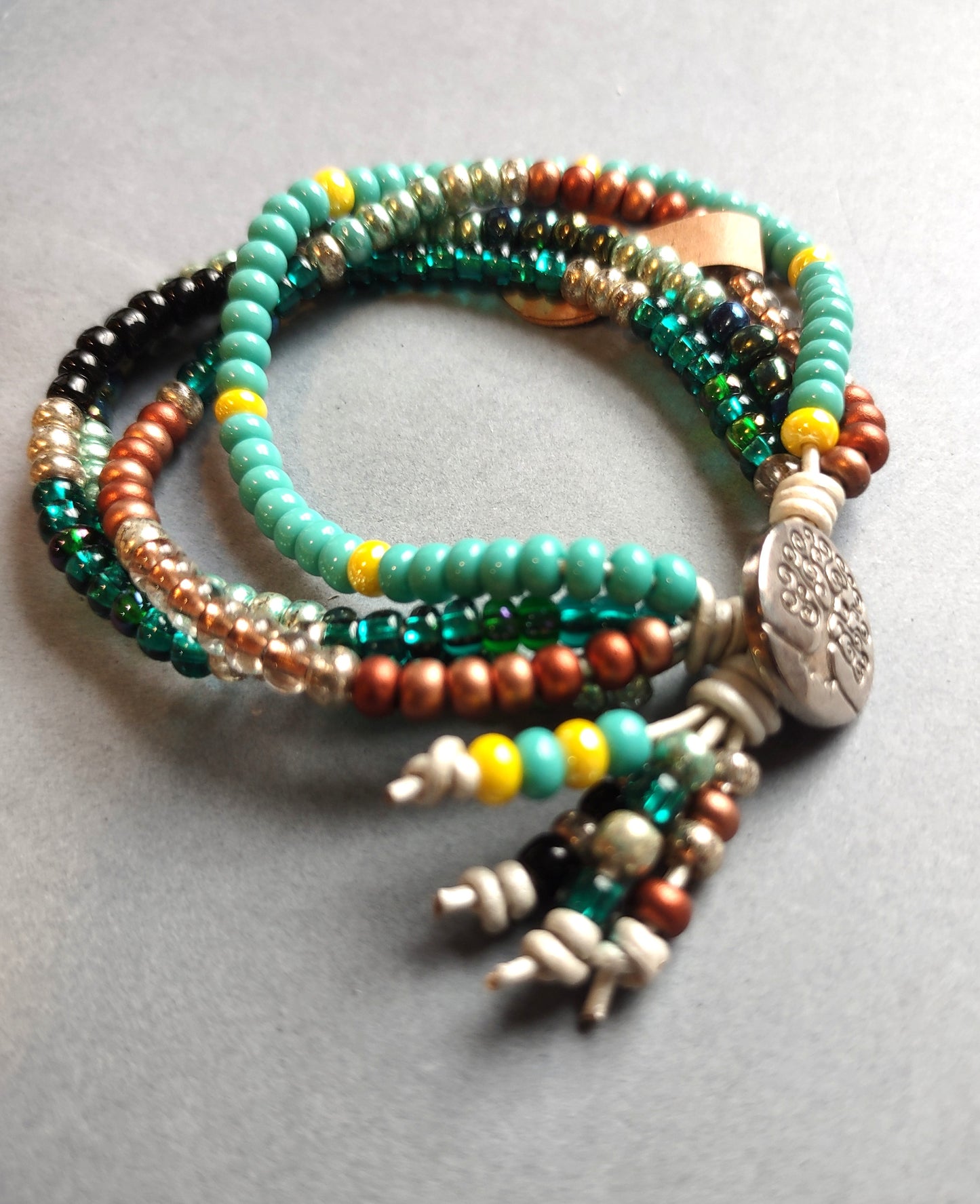 4 Strand Czech Bead Bracelet on Leather Cord