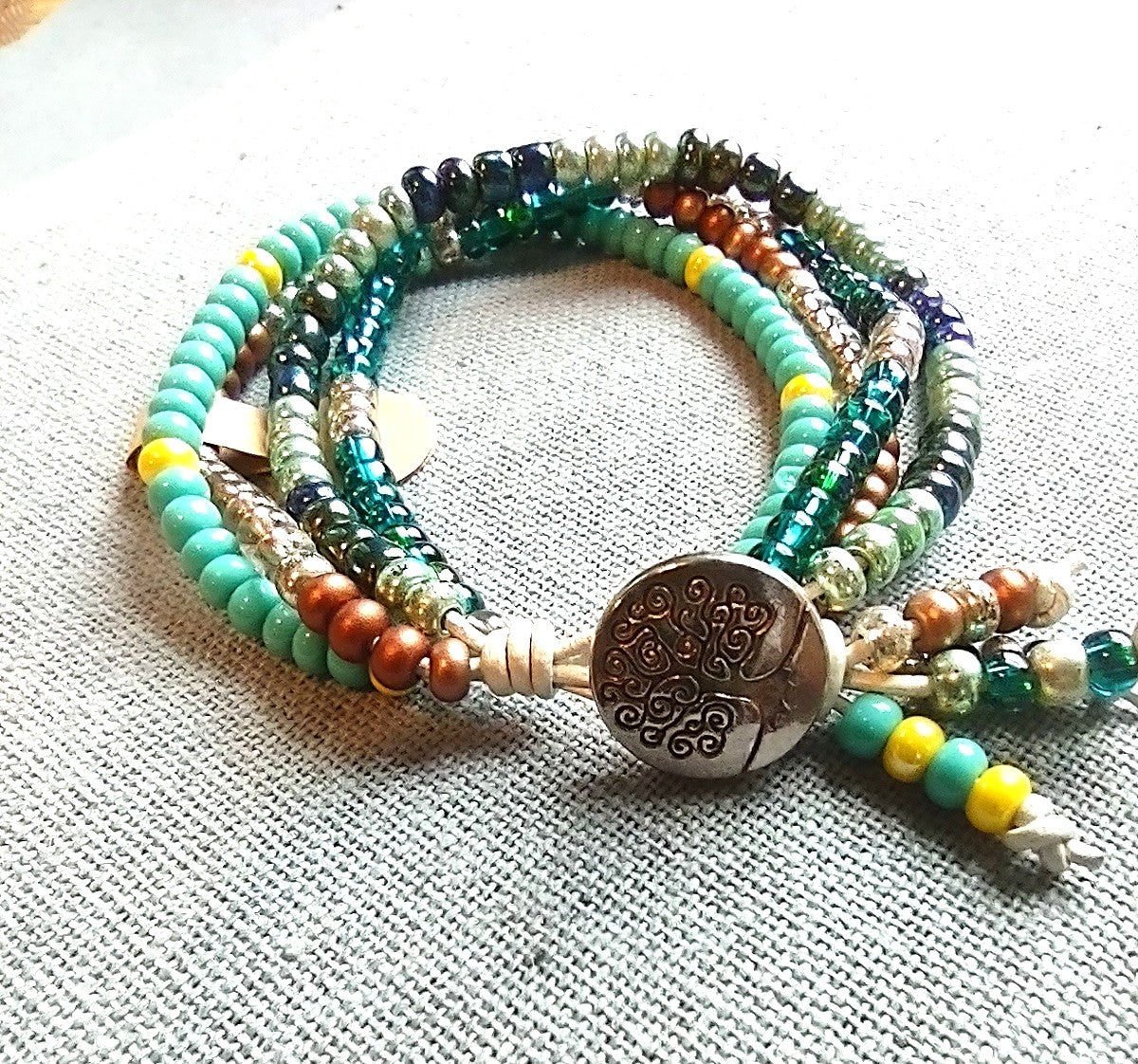 4 Strand Czech Bead Bracelet on Leather Cord