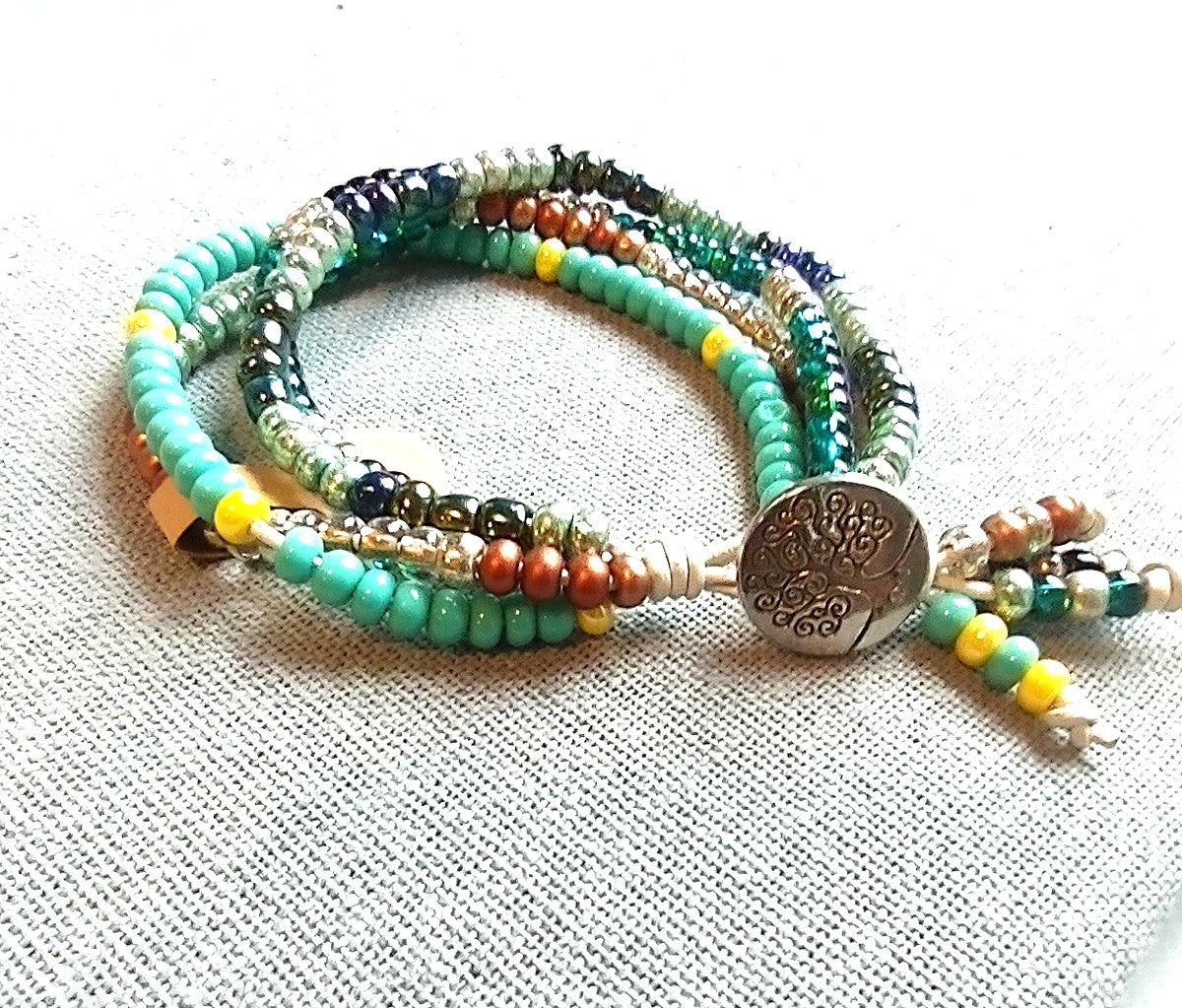 4 Strand Czech Bead Bracelet on Leather Cord