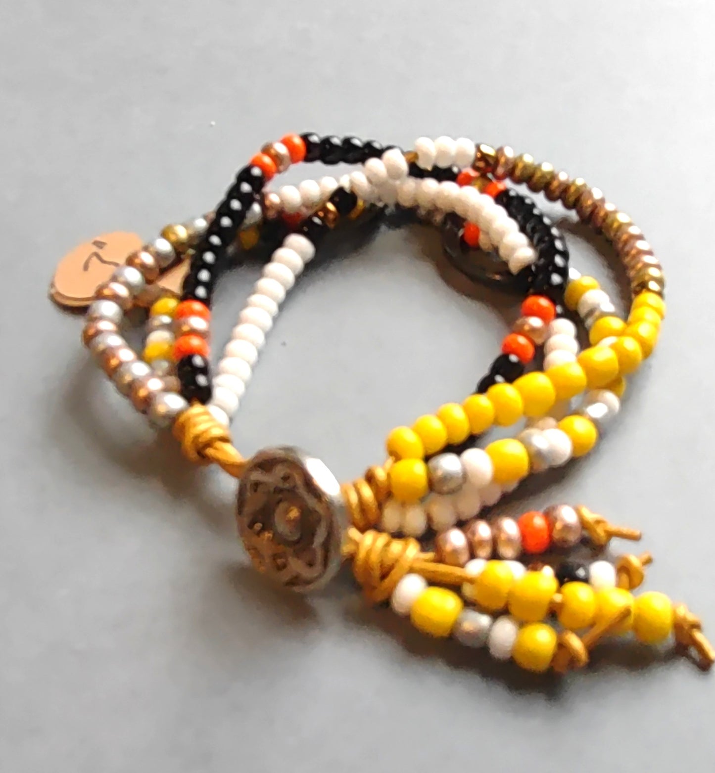 4 Strand Czech Bead Bracelet on Leather Cord