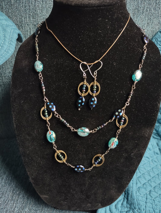 Handmade Chain-Link Necklace  and Earring set with Chocolate copper wire and glass beads