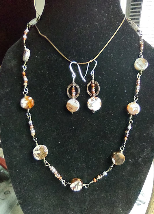 Beaded Chain Link Necklace and Earring Set - Lentil Bead Necklace