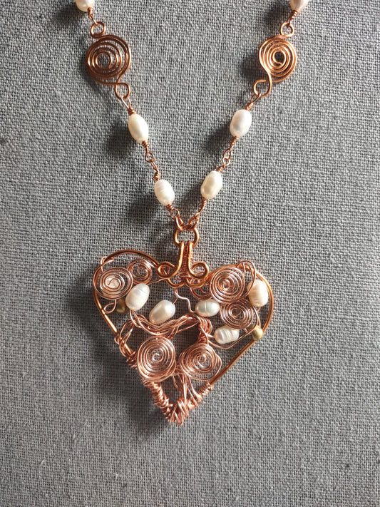 Copper Wire Wrapped Heart Statement Necklace