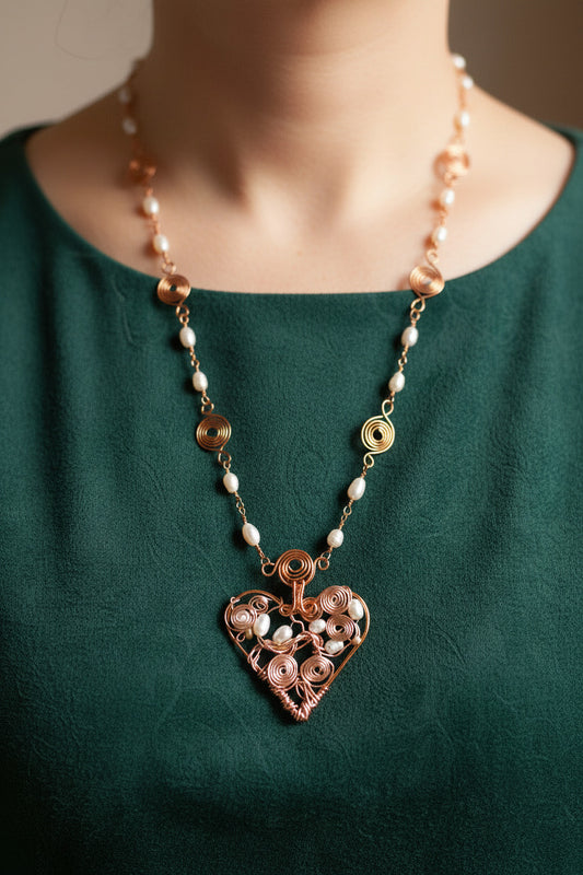 Copper chain link necklace with swirls and pearls