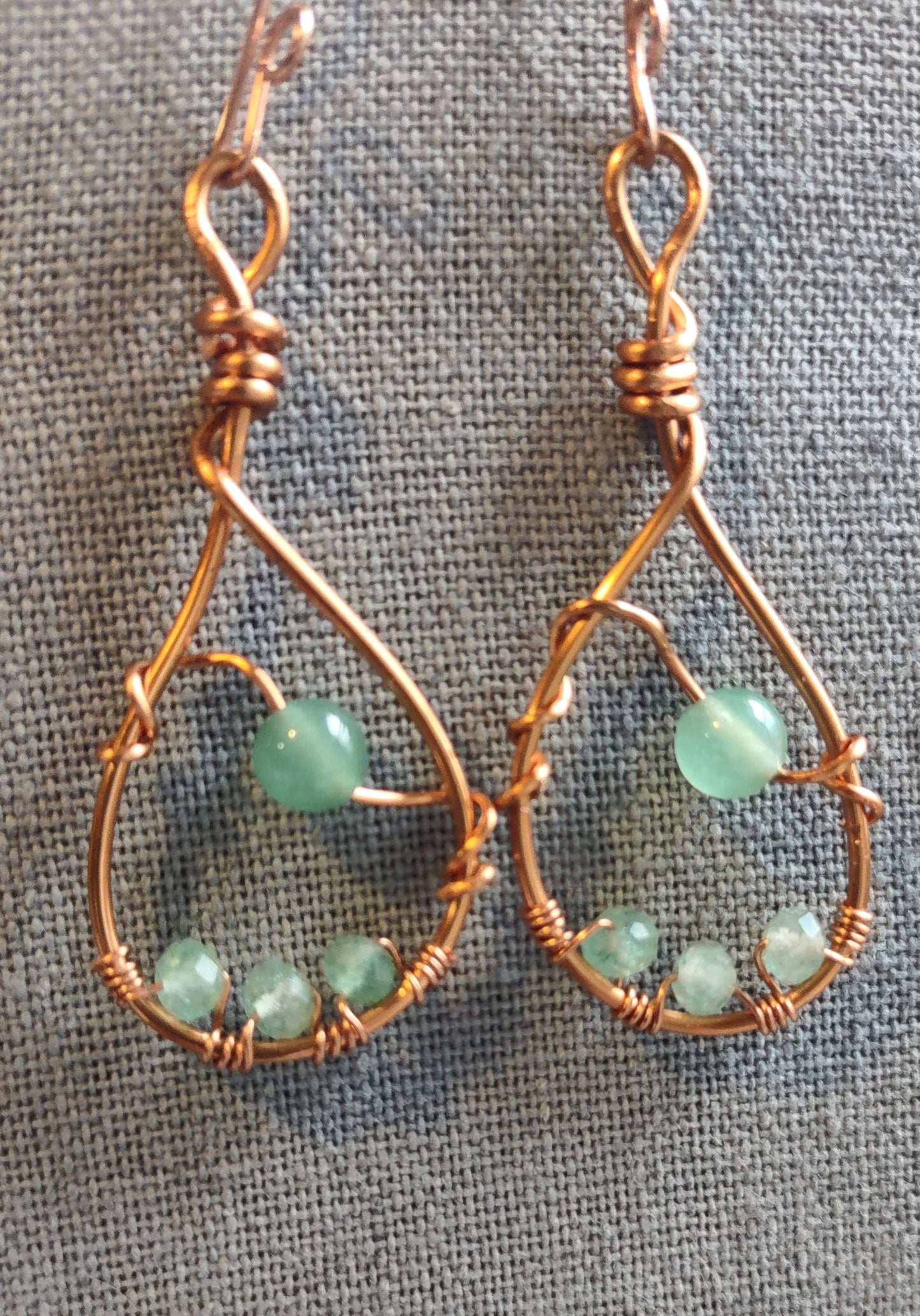 Copper Teardrop Hoop Earrings with Green Aventurine and Quartz Beads