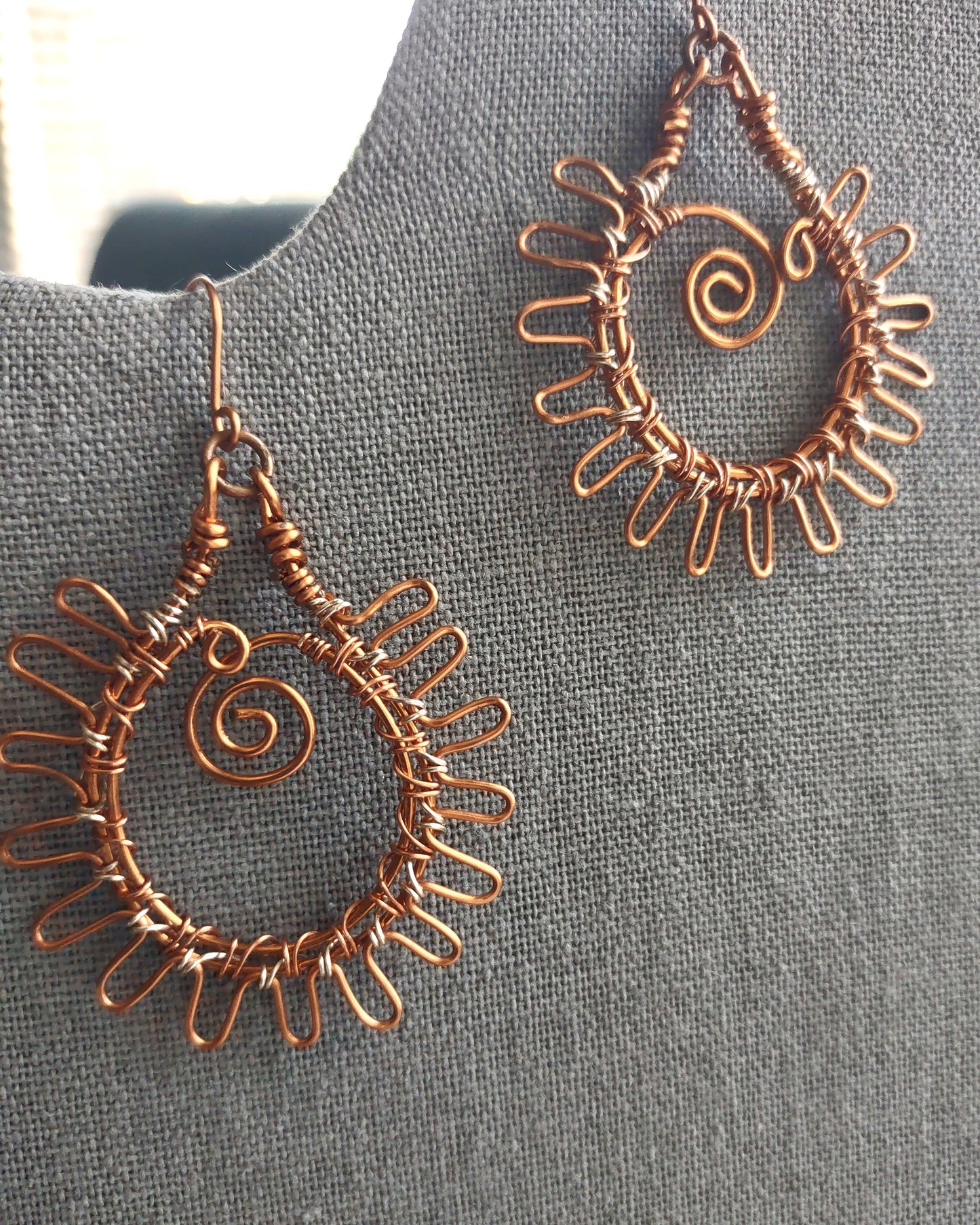 Sun Inspired Teardrop Statement Hoop Earrings - Copper & Silver Wire Wrapped