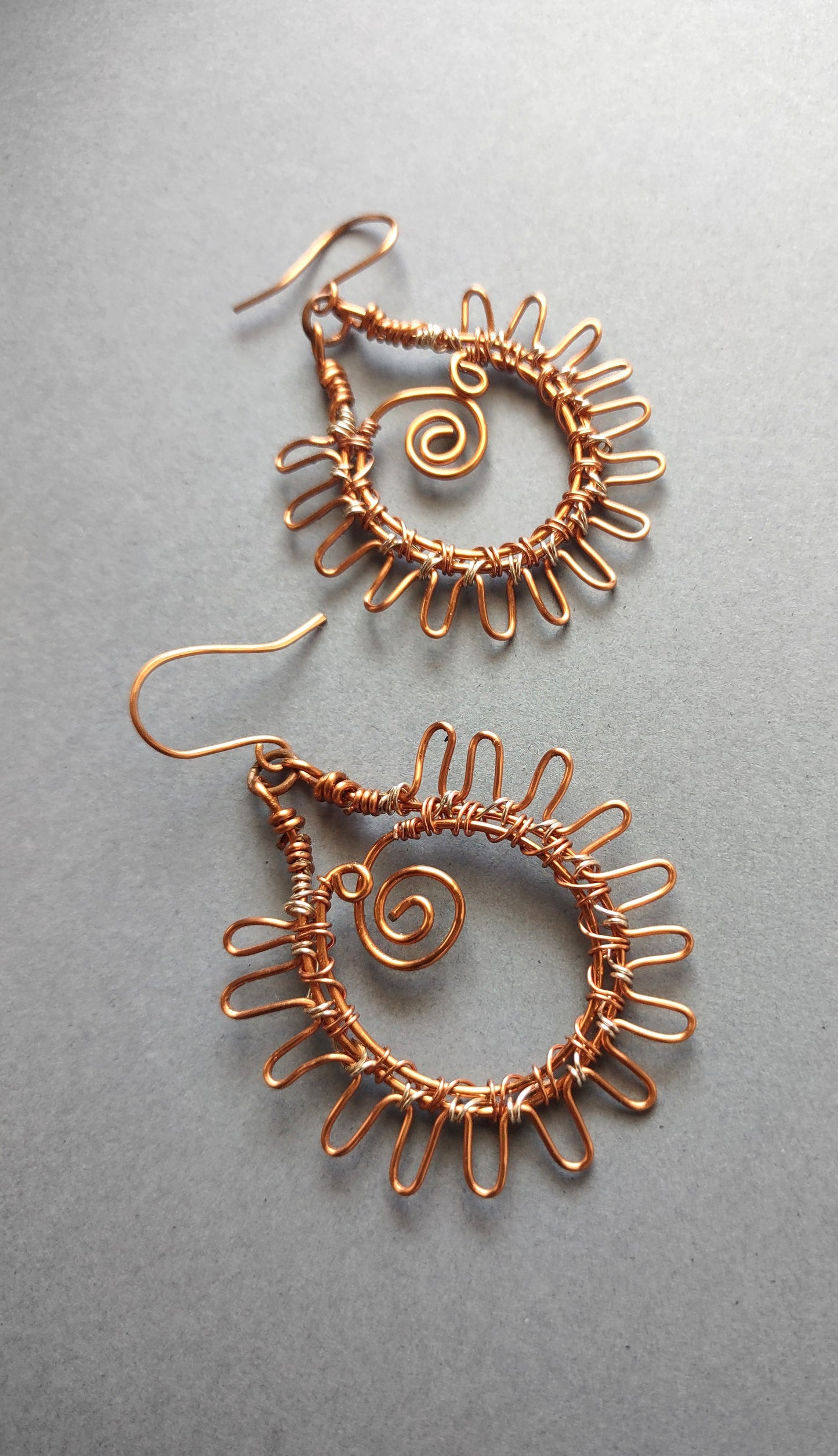 Sun Inspired Teardrop Statement Hoop Earrings - Copper & Silver Wire Wrapped