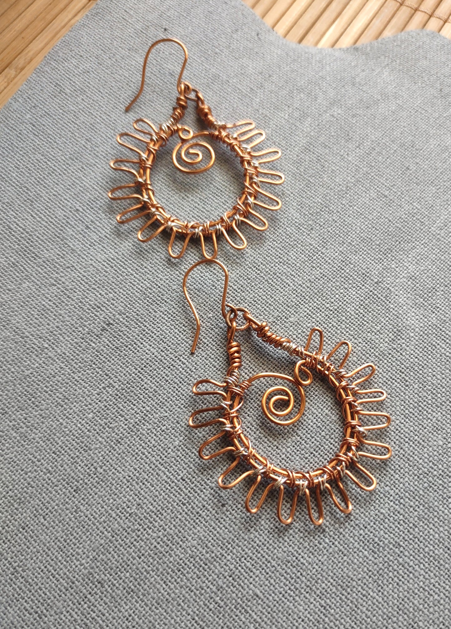 Sun Inspired Teardrop Statement Hoop Earrings - Copper & Silver Wire Wrapped
