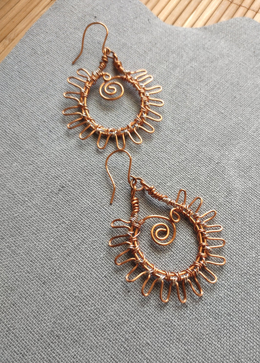 Sun Inspired Teardrop Statement Hoop Earrings - Copper & Silver Wire Wrapped