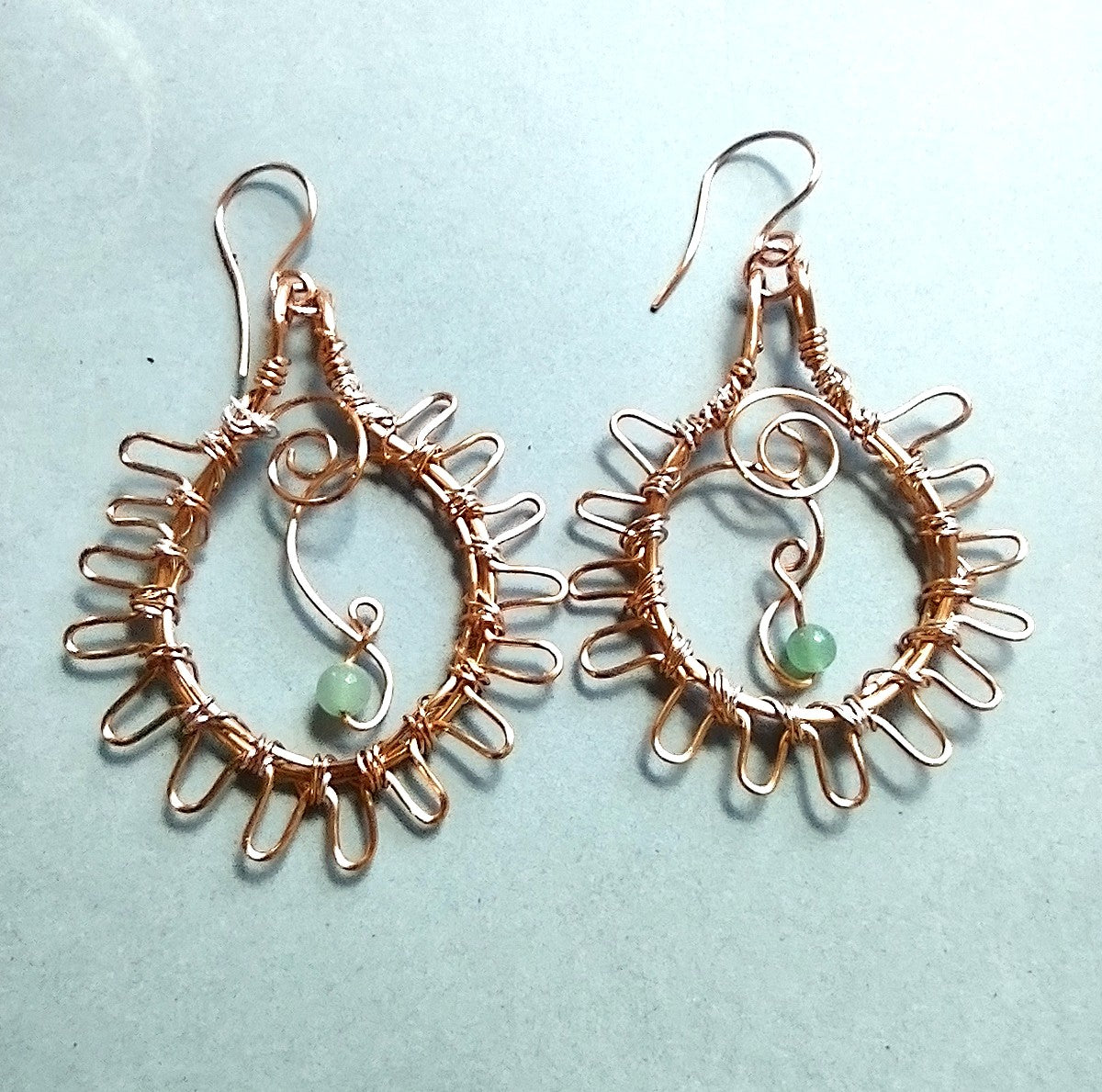 Copper Sun Swirl Earrings with Green Aventurine Drop