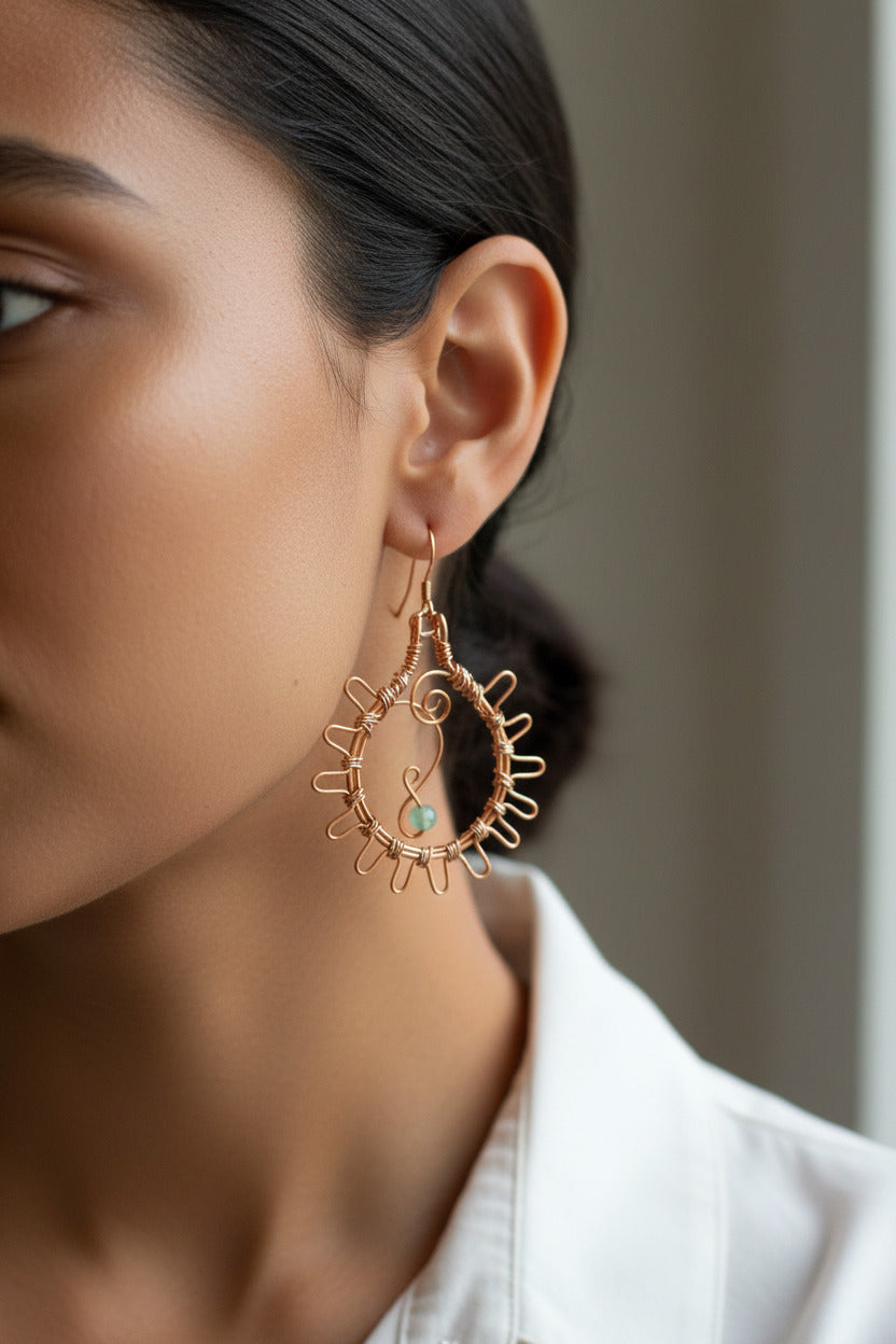 Sun Inspired Copper Wire Earrings with Adventurine bead