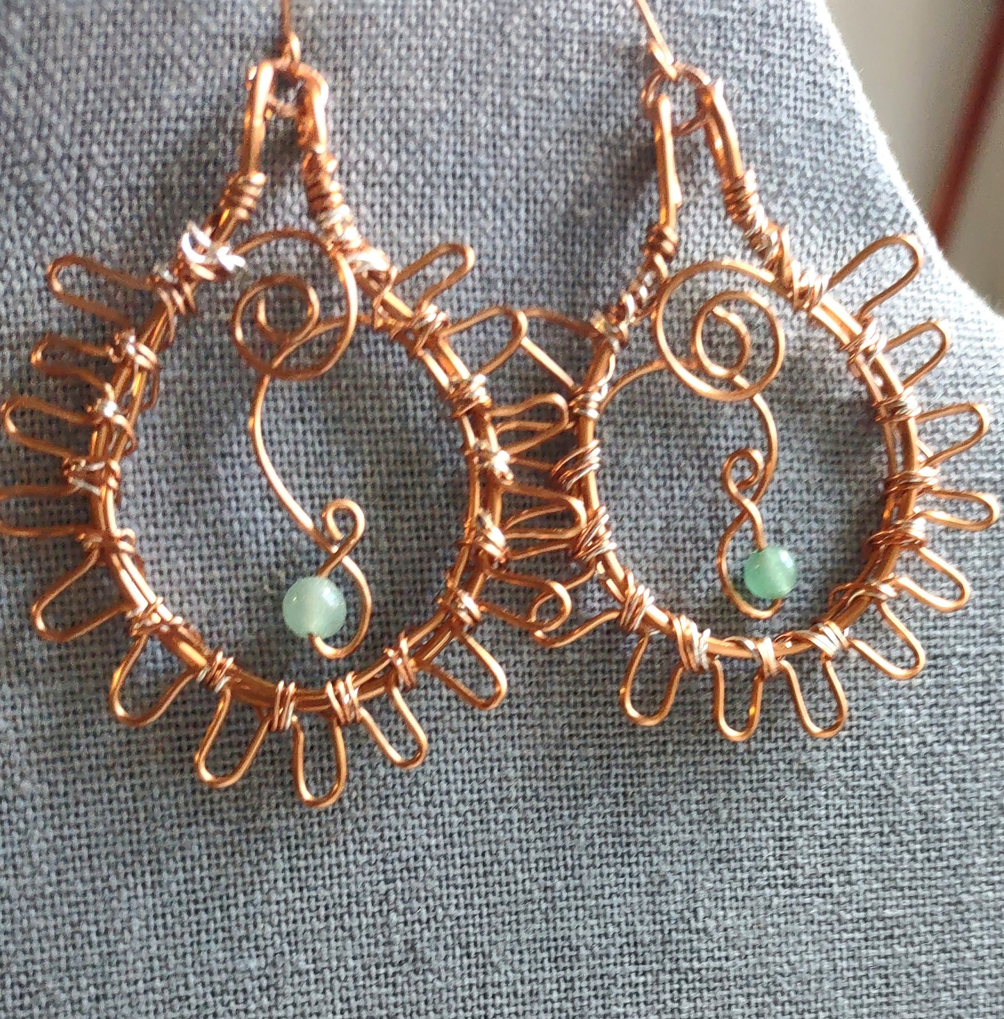 Copper Sun Swirl Earrings with Green Aventurine Drop