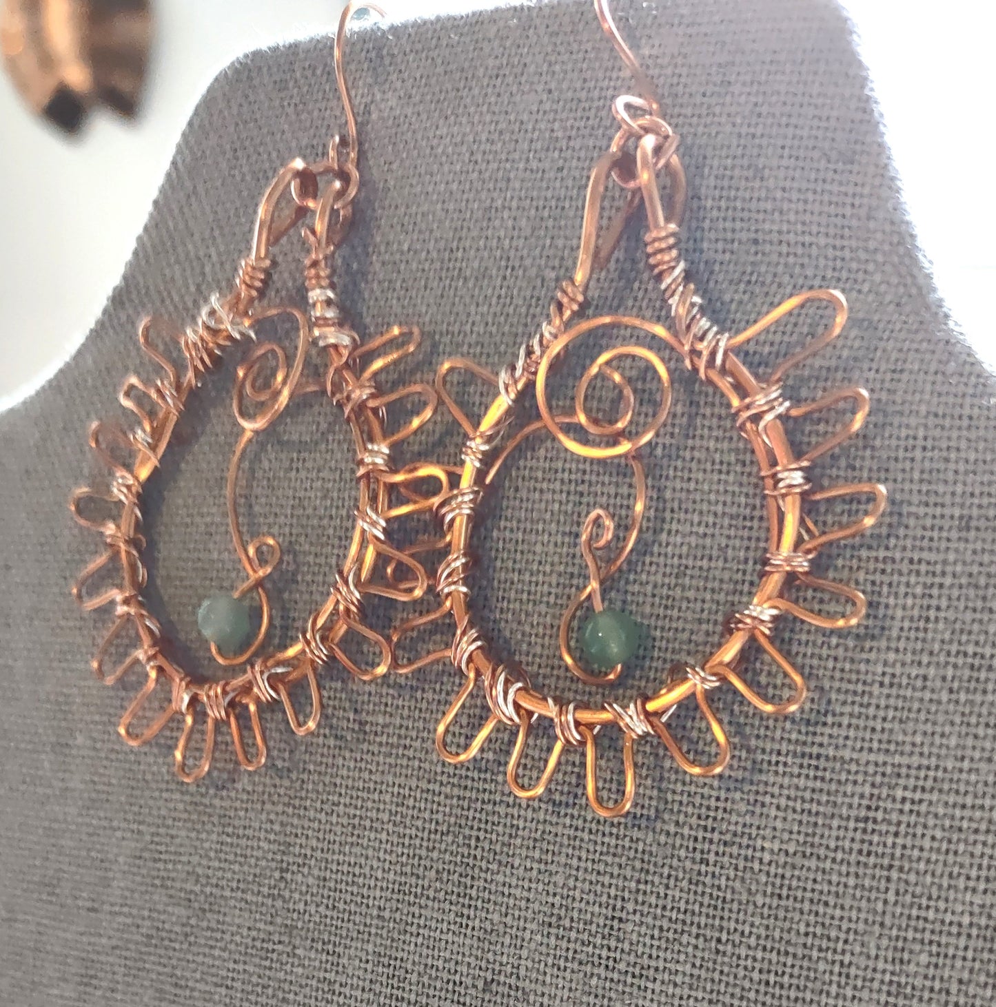 Copper Sun Swirl Earrings with Green Aventurine Drop