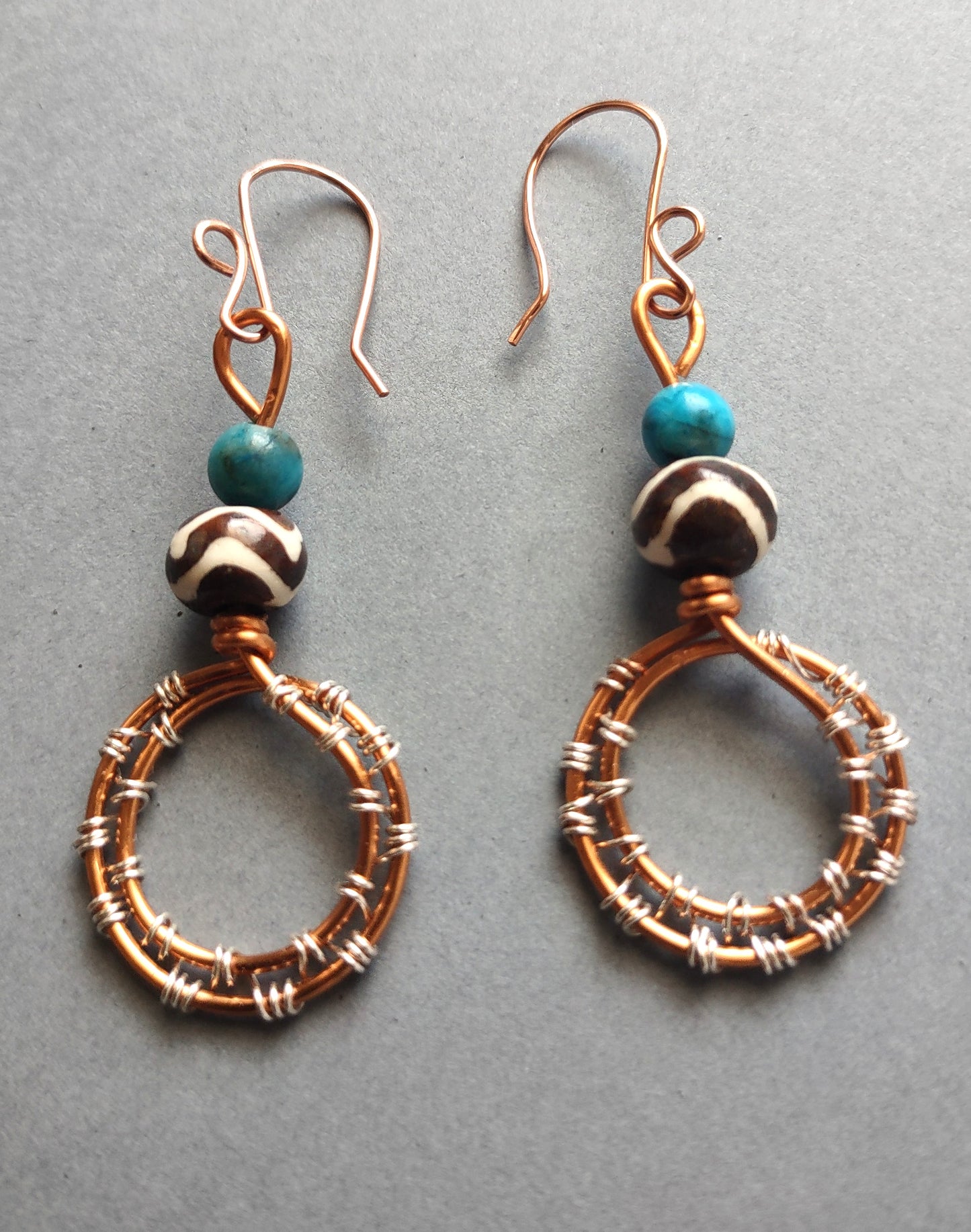 Copper Wire Wrapped Bone and Larimar Agate Hoops