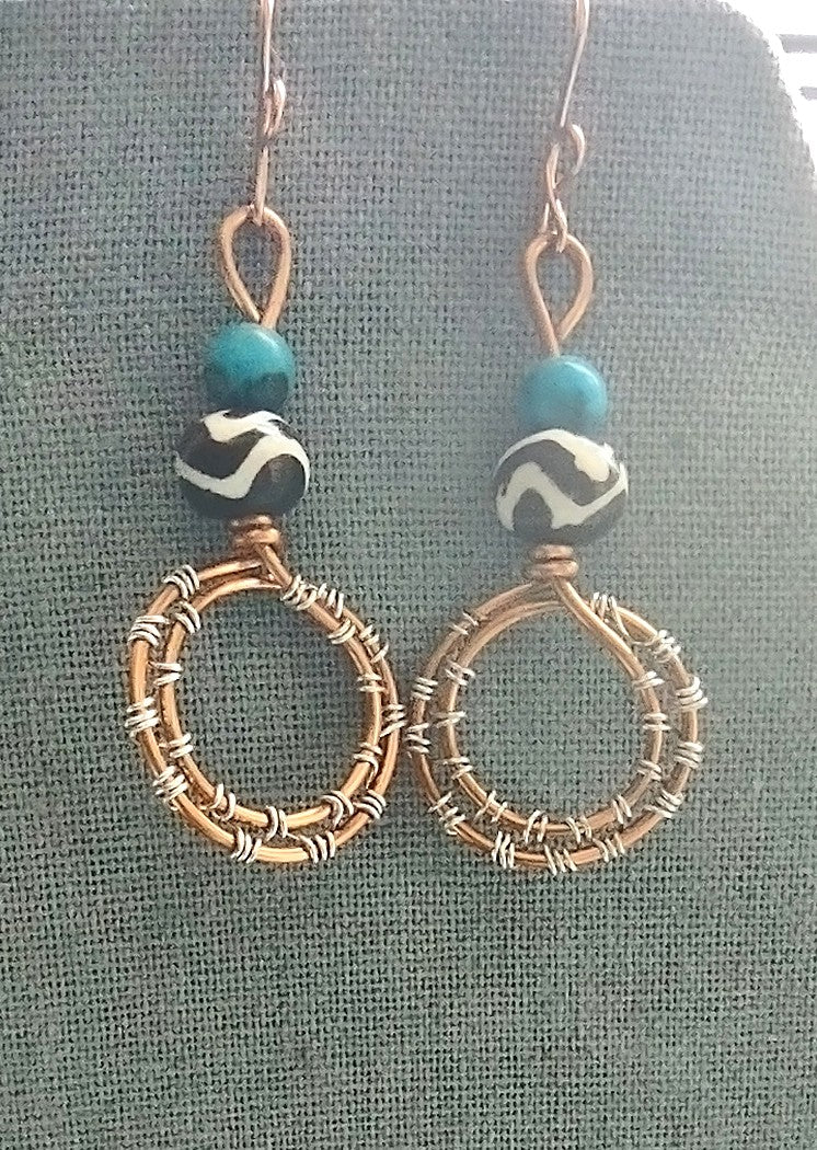 Copper Wire Wrapped Bone and Larimar Agate Hoops