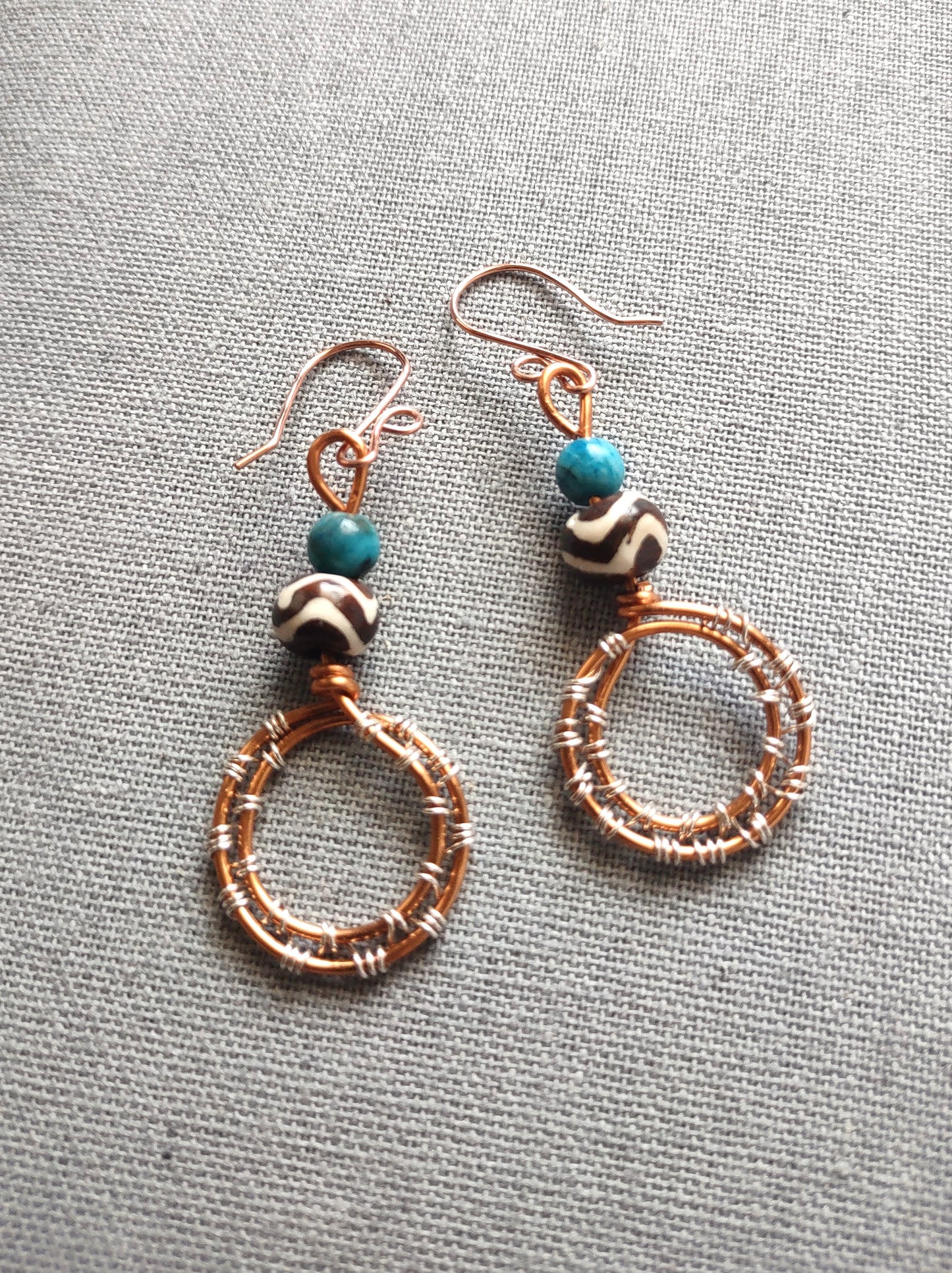 Copper Wire Wrapped Bone and Larimar Agate Hoops