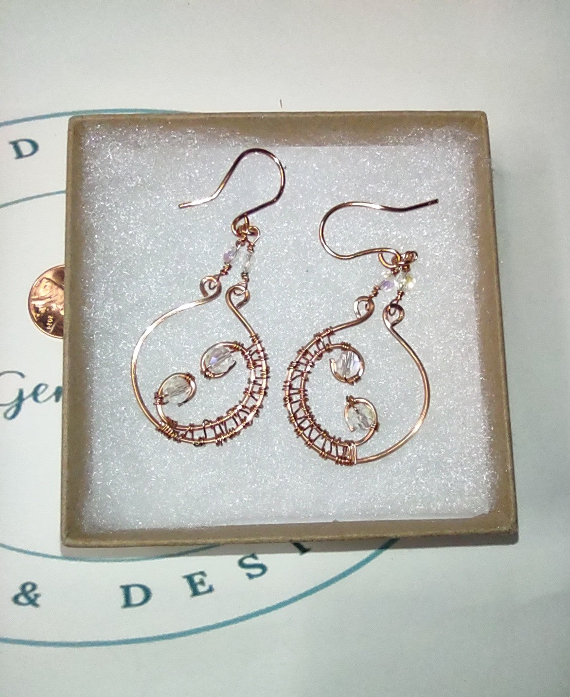Wire Wrapped Copper Hoops - Crystal Bead Chandelier Earrings