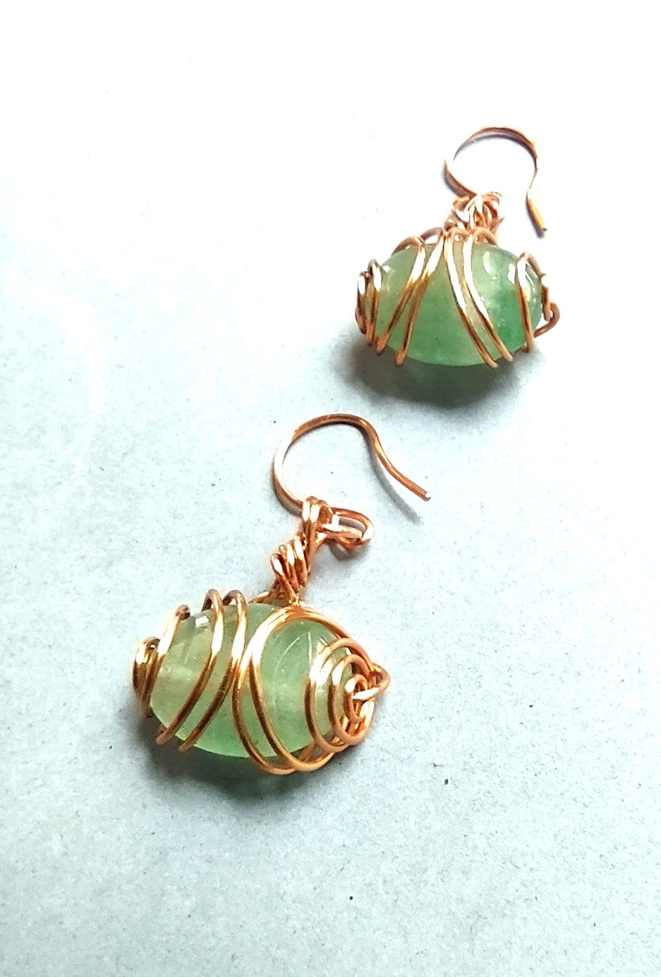Green Quartz Copper Wire Wrapped Dangle Earrings