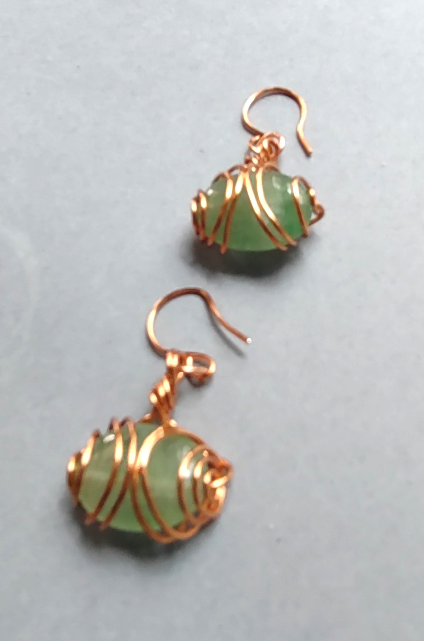 Green Quartz Copper Wire Wrapped Dangle Earrings