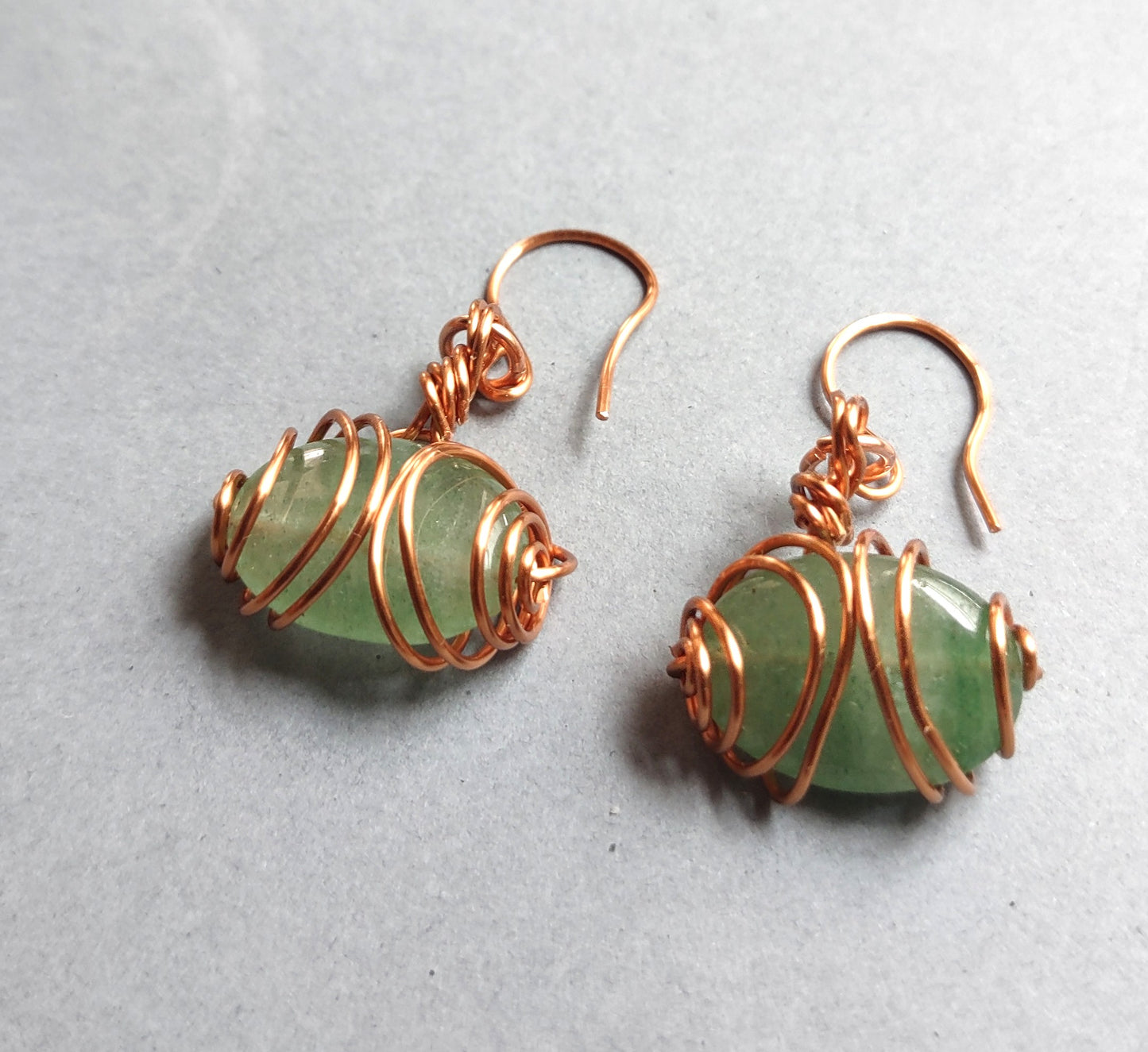 Green Quartz Copper Wire Wrapped Dangle Earrings