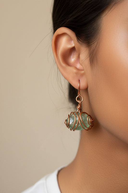 Green Quartz Copper Wire Wrapped Dangle Earrings