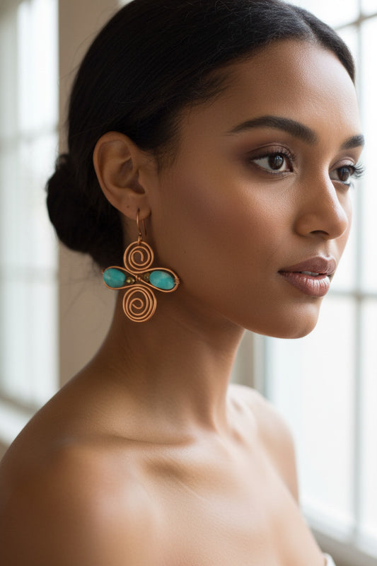 Copper infinity Swirl Earrings with Peruvian amazonite beads