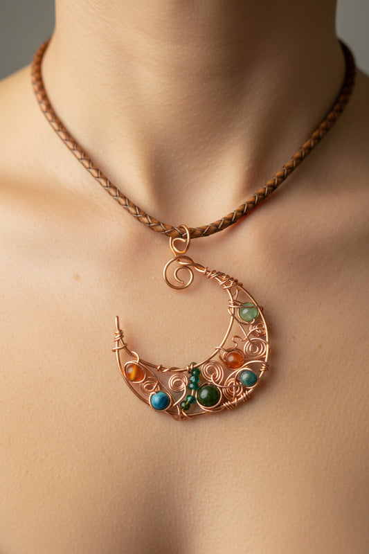Copper wire wrapped crescent moon pendant, colorful beads