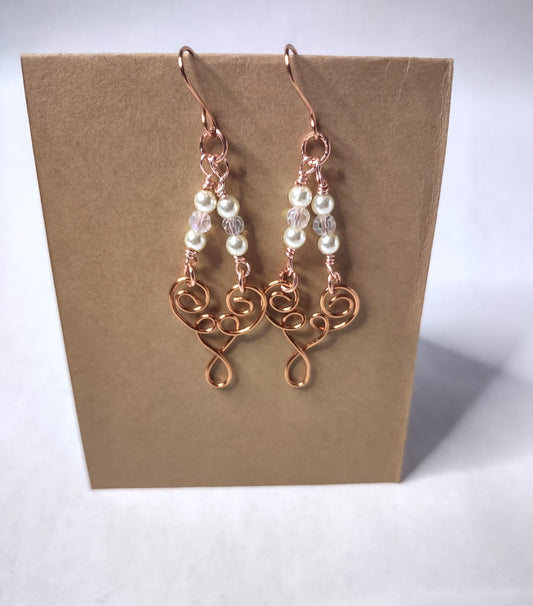 Handmade Copper, Chandelier,  Pearl Dangle Earrings!