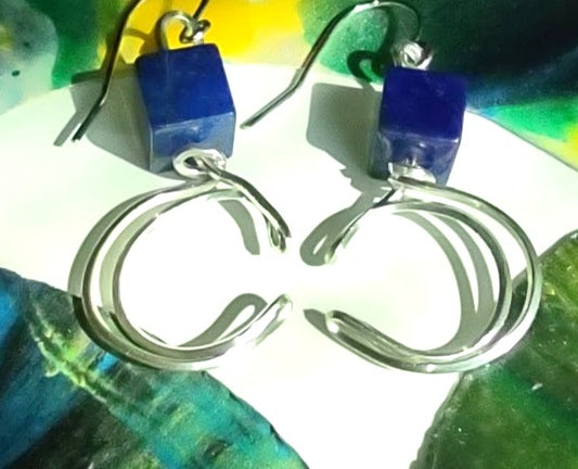 Silver Crescent Moon Dangle Earring - September Blues - Lapis Lazuli Gemstone