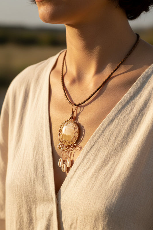 Yellow Mother of Pearl large Disc, wrapped with a copper bezel, with three cowrie shells dangling.  Strung on leather textured cord.  