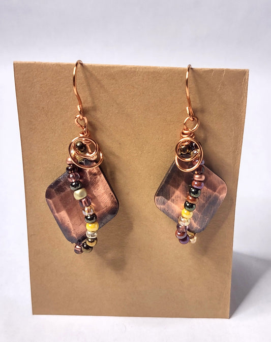 Handmade Copper Diamond Puff, Dangle Earrings with Seed bead design
