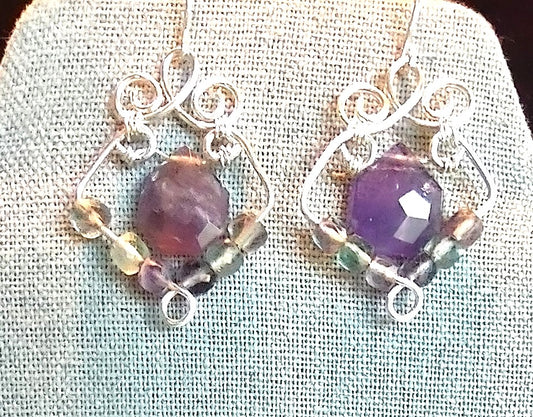 Amethyst & Fluorite Sterling Silver Filigree Briolette Earrings