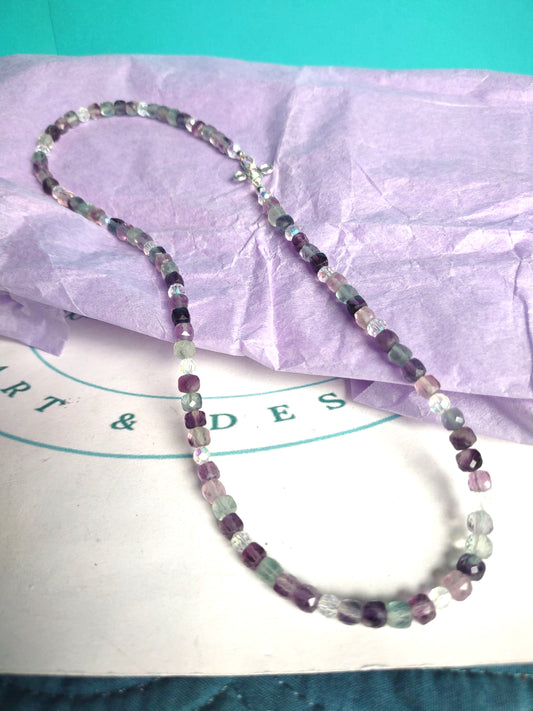 Rainbow Fluorite Cubed Bead Silver Choker Necklace
