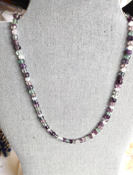 Collarbone Necklace - Rainbow Fluorite Cubed Beads