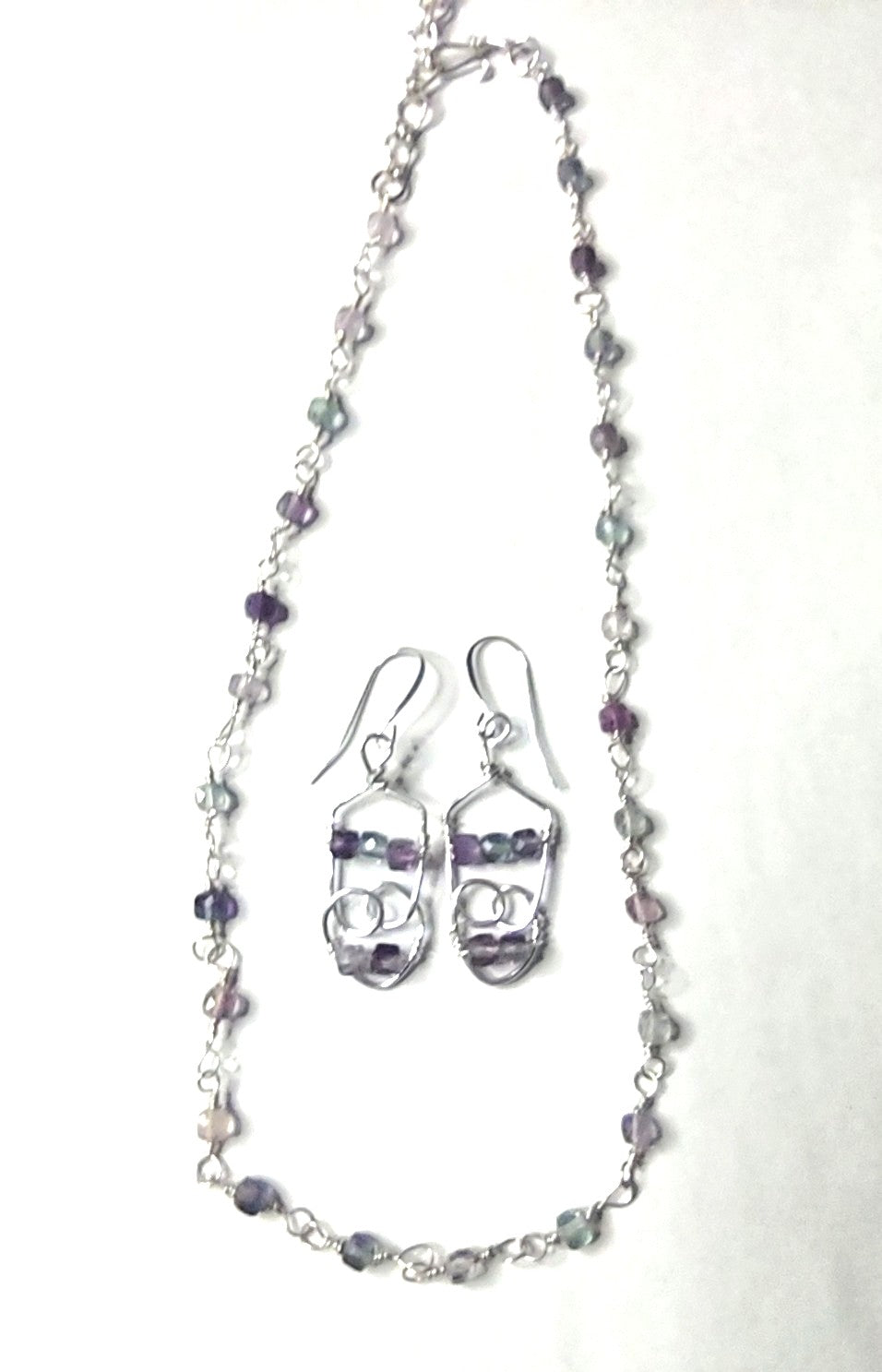 Chain Link Necklace and Earrings - Purple Fluorite Gemstones - Sterling Silver Wire