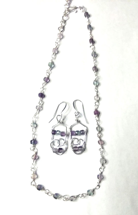 Chain Link Necklace and Earrings - Purple Fluorite Gemstones - Sterling Silver Wire