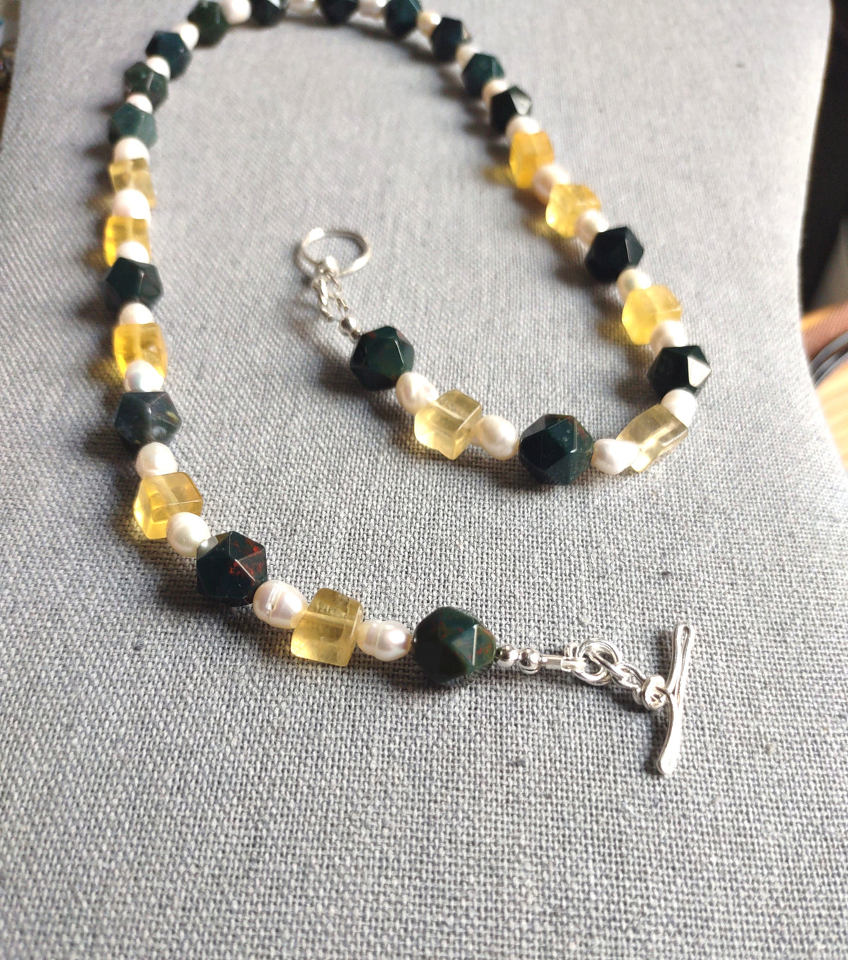 Fresh Water Pearl, Blood Stone & Yellow Fluorite Necklace