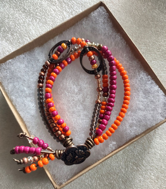 Boho Beaded Leather Bracelet - Multi Color Seed Bead Bracelet