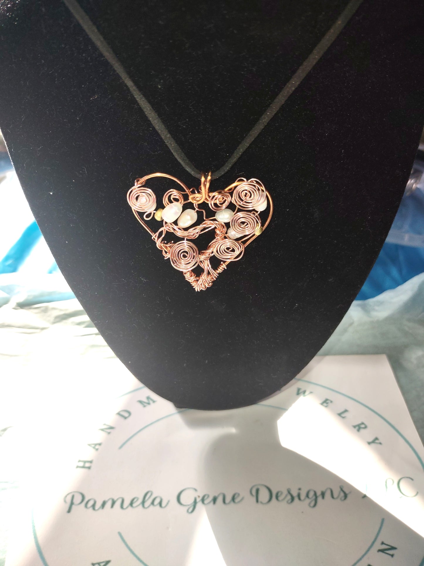 Copper Heart Pendant with Pearls and Swirls