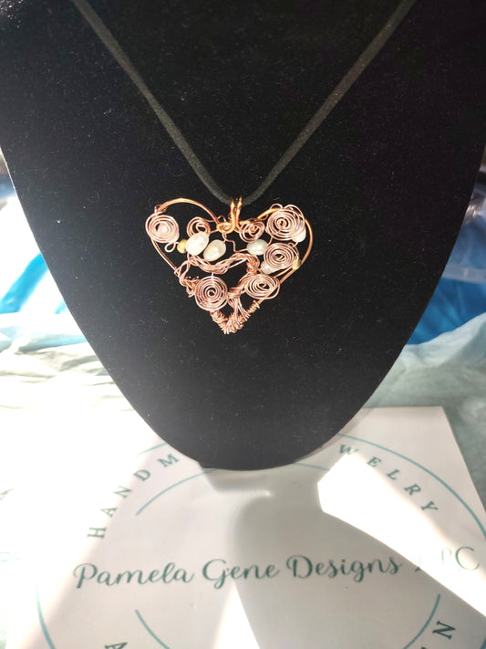 Copper Heart Pendant with Pearls and Swirls