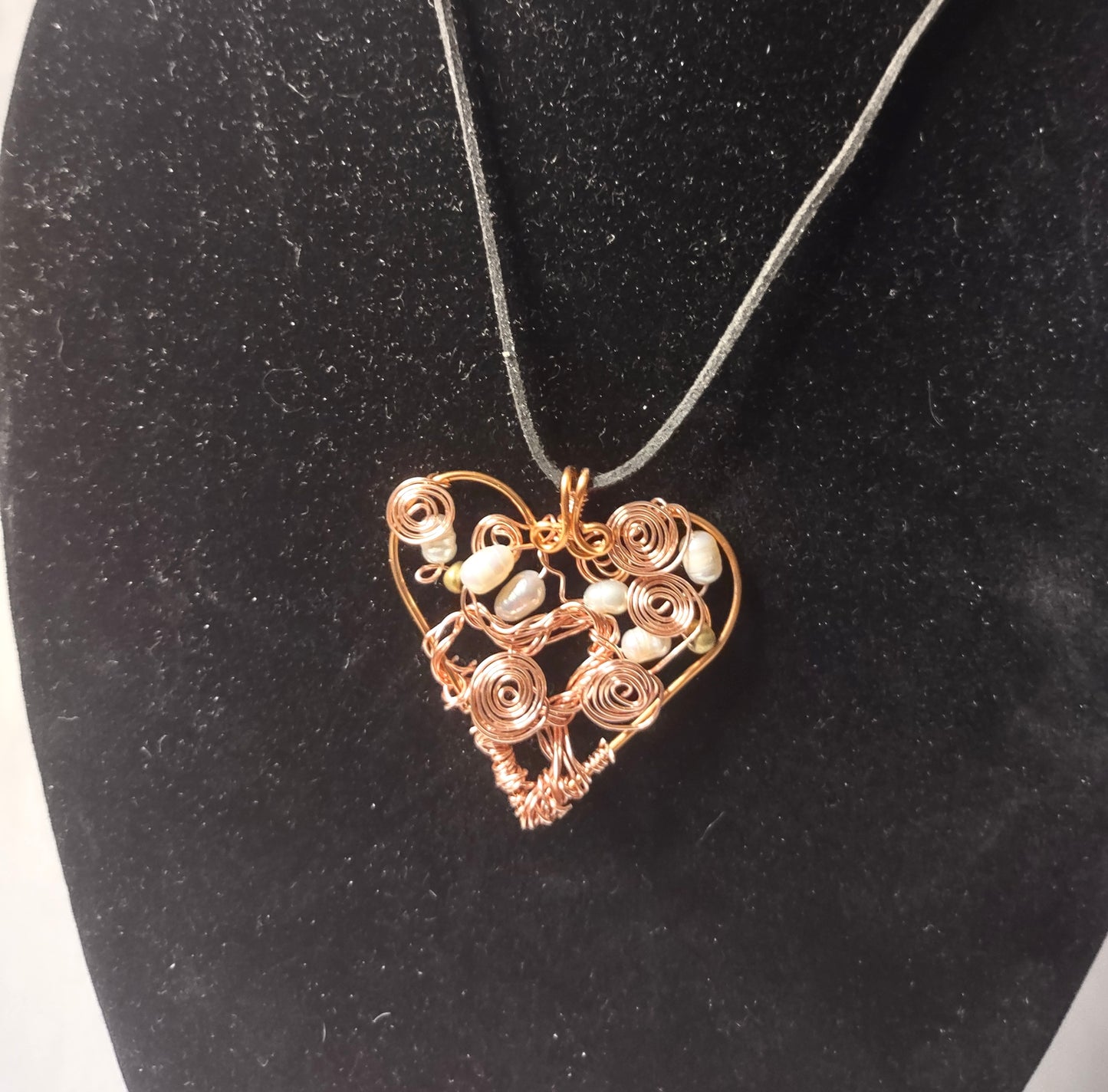 Copper Heart Pendant with Pearls and Swirls
